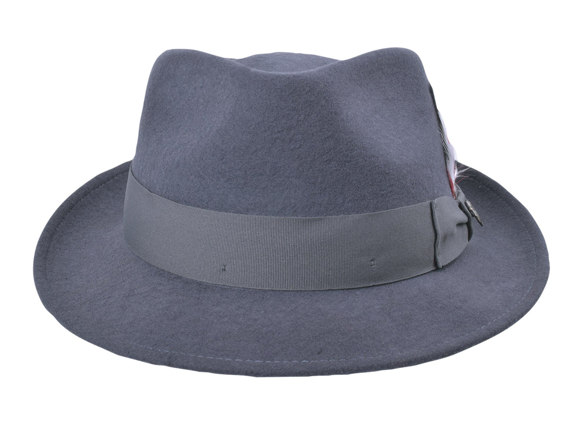Dark grey wool felt fedora with structured crown and medium brim, view 3