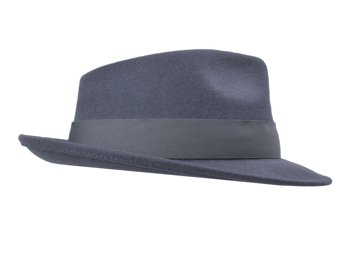 Dark grey wool felt fedora with structured crown and medium brim, view 4