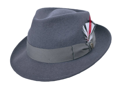 Dark grey wool felt fedora with structured crown and medium brim, view 1