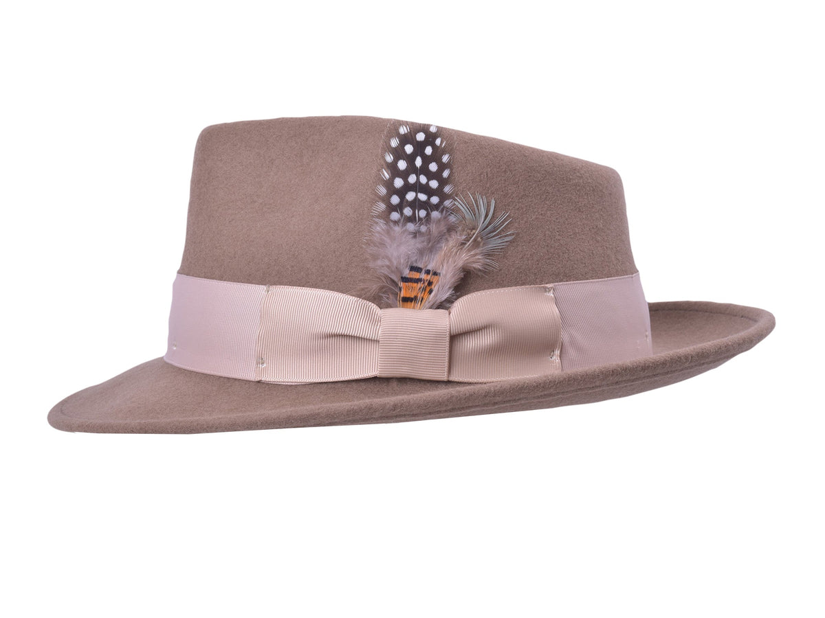 Khaki wool felt fedora with structured crown and medium brim, view 2
