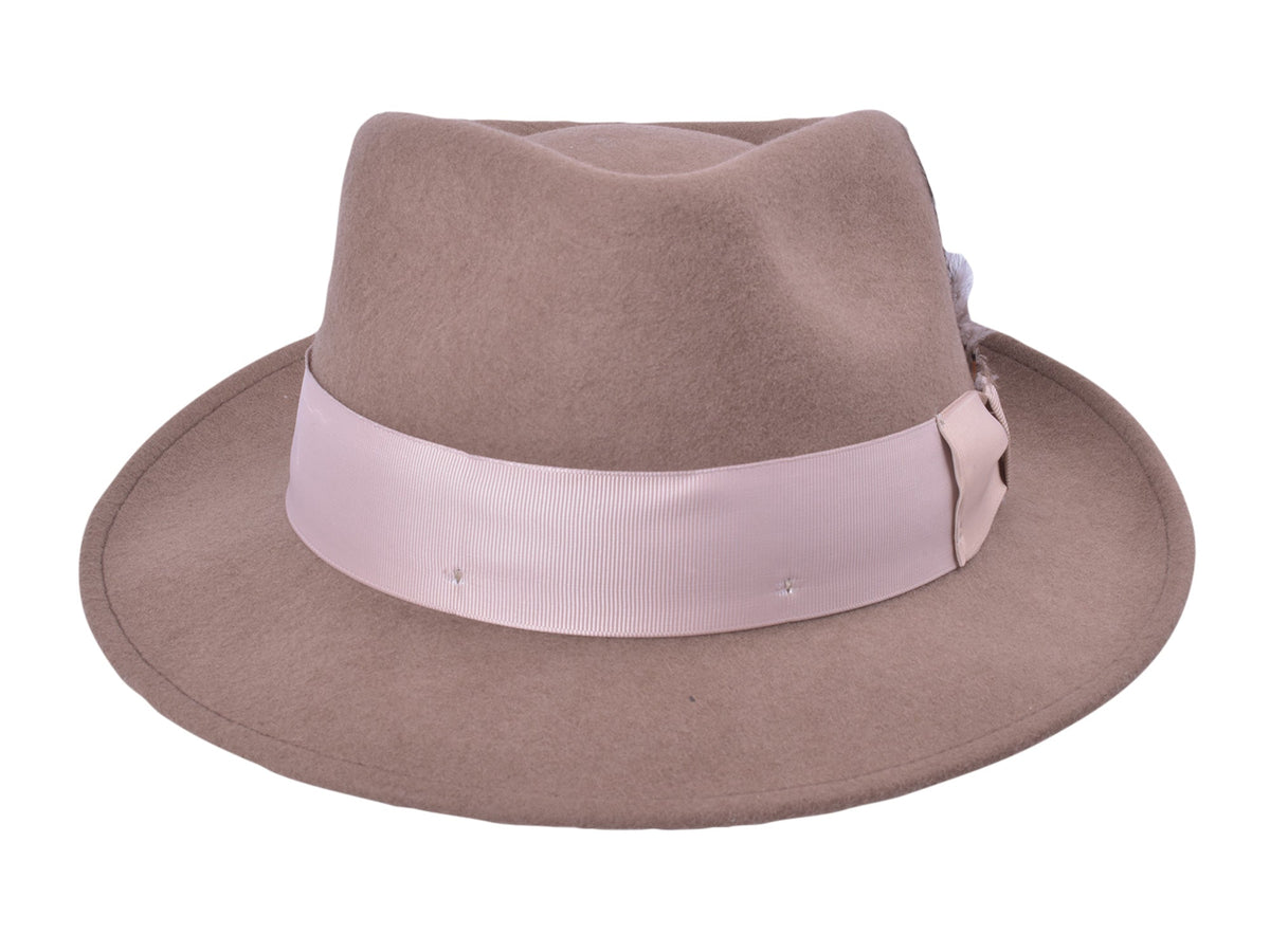 Khaki wool felt fedora with structured crown and medium brim, view 3
