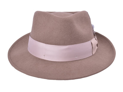 Khaki wool felt fedora with structured crown and medium brim, view 3