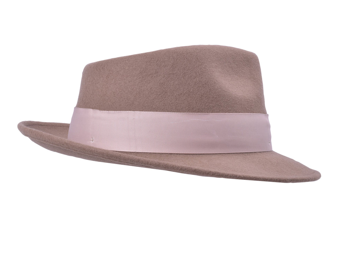 Khaki wool felt fedora with structured crown and medium brim, view 4