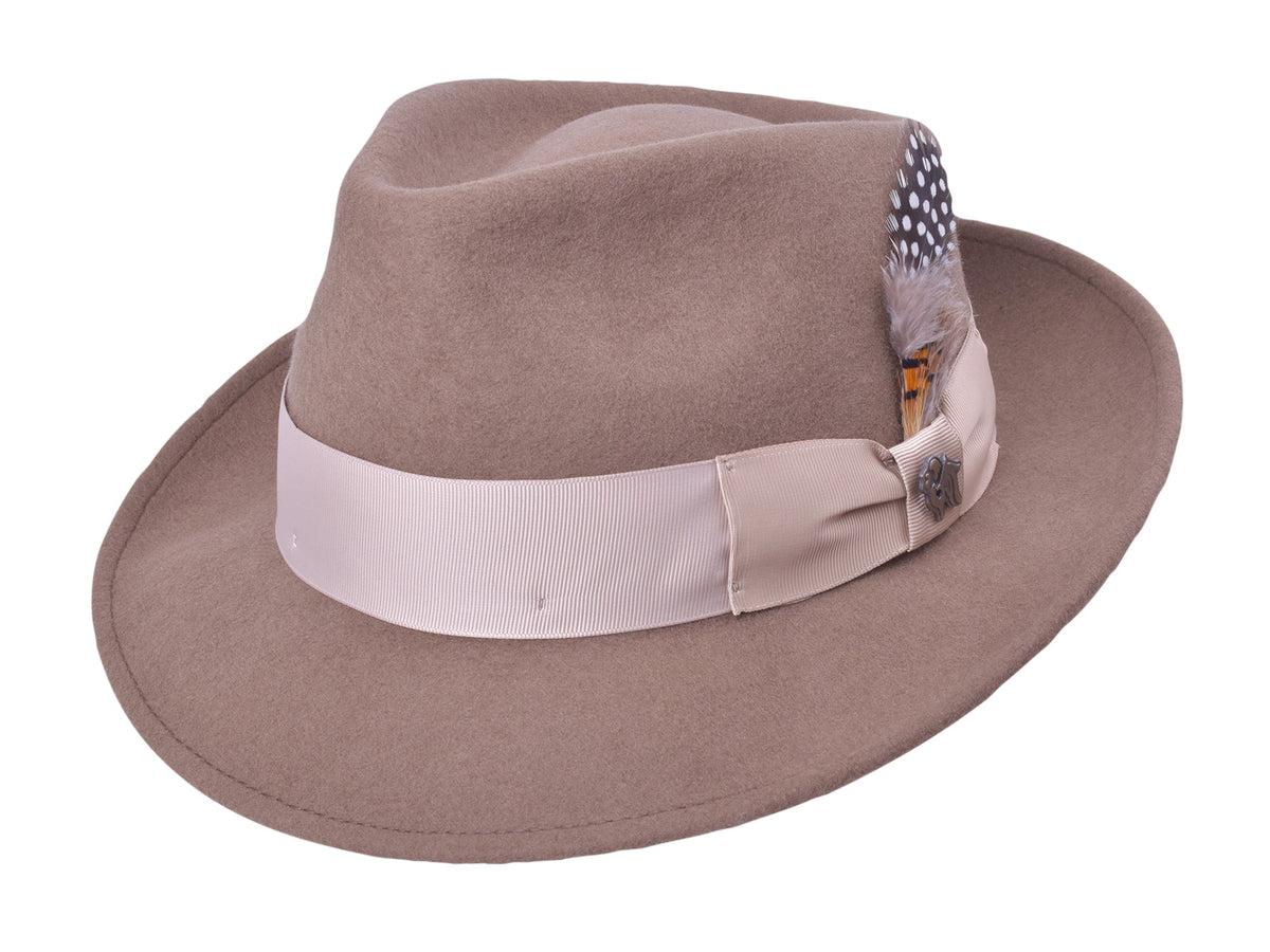 Khaki wool felt fedora with structured crown and medium brim, view 1