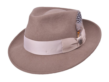 Khaki wool felt fedora with structured crown and medium brim, view 1