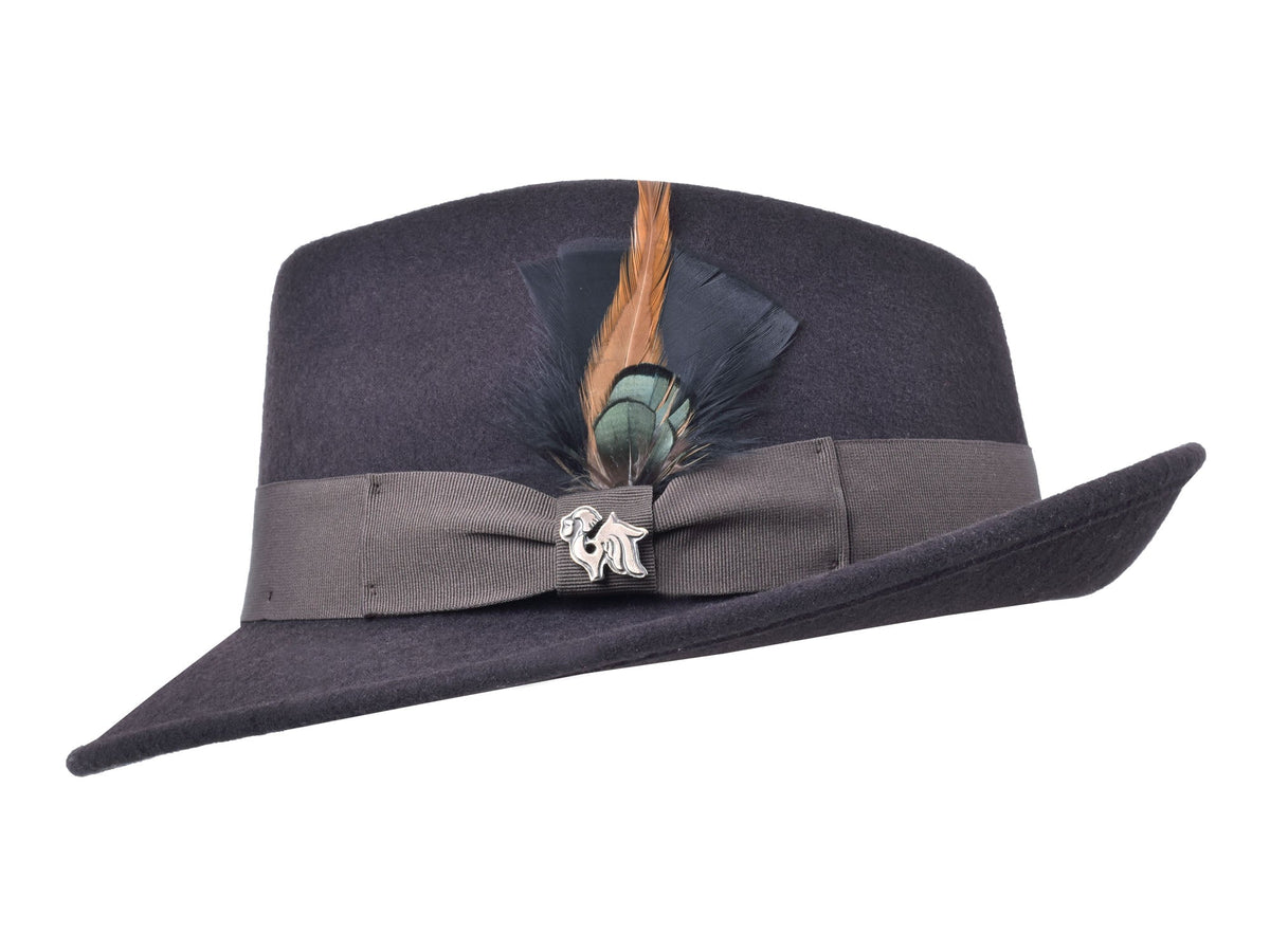 Dark brown wool felt fedora with structured crown and medium brim, view 2