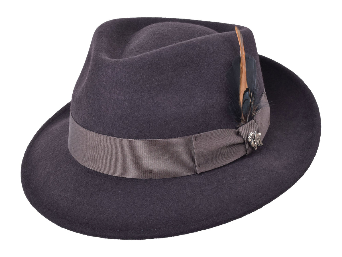Dark brown wool felt fedora with structured crown and medium brim, view 1