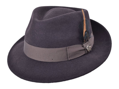 Dark brown wool felt fedora with structured crown and medium brim, view 1