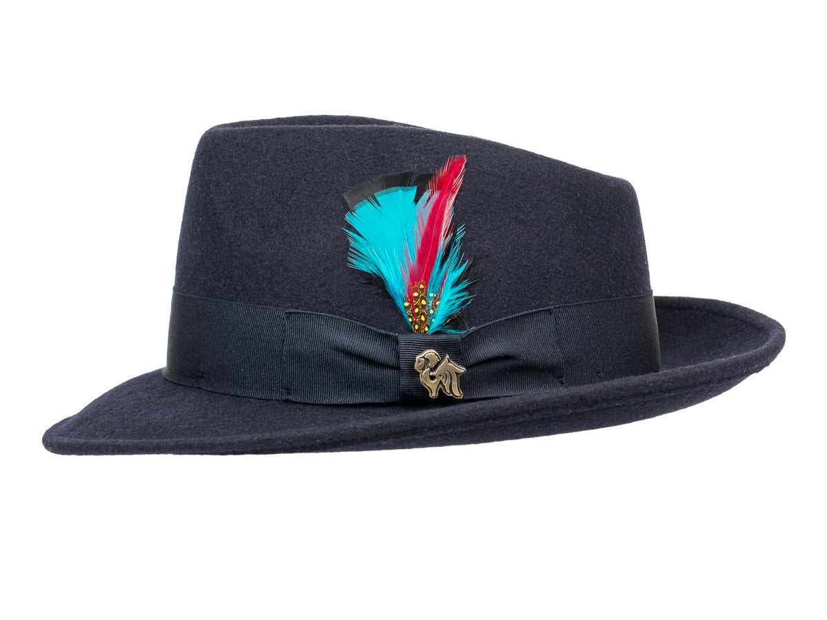 Navy wool felt fedora with structured crown and medium brim, view 2