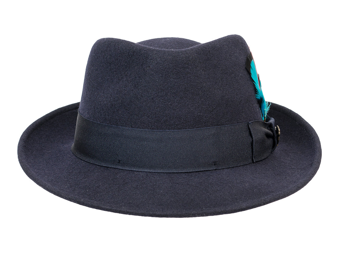 Navy wool felt fedora with structured crown and medium brim, view 3