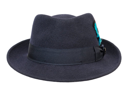 Navy wool felt fedora with structured crown and medium brim, view 3