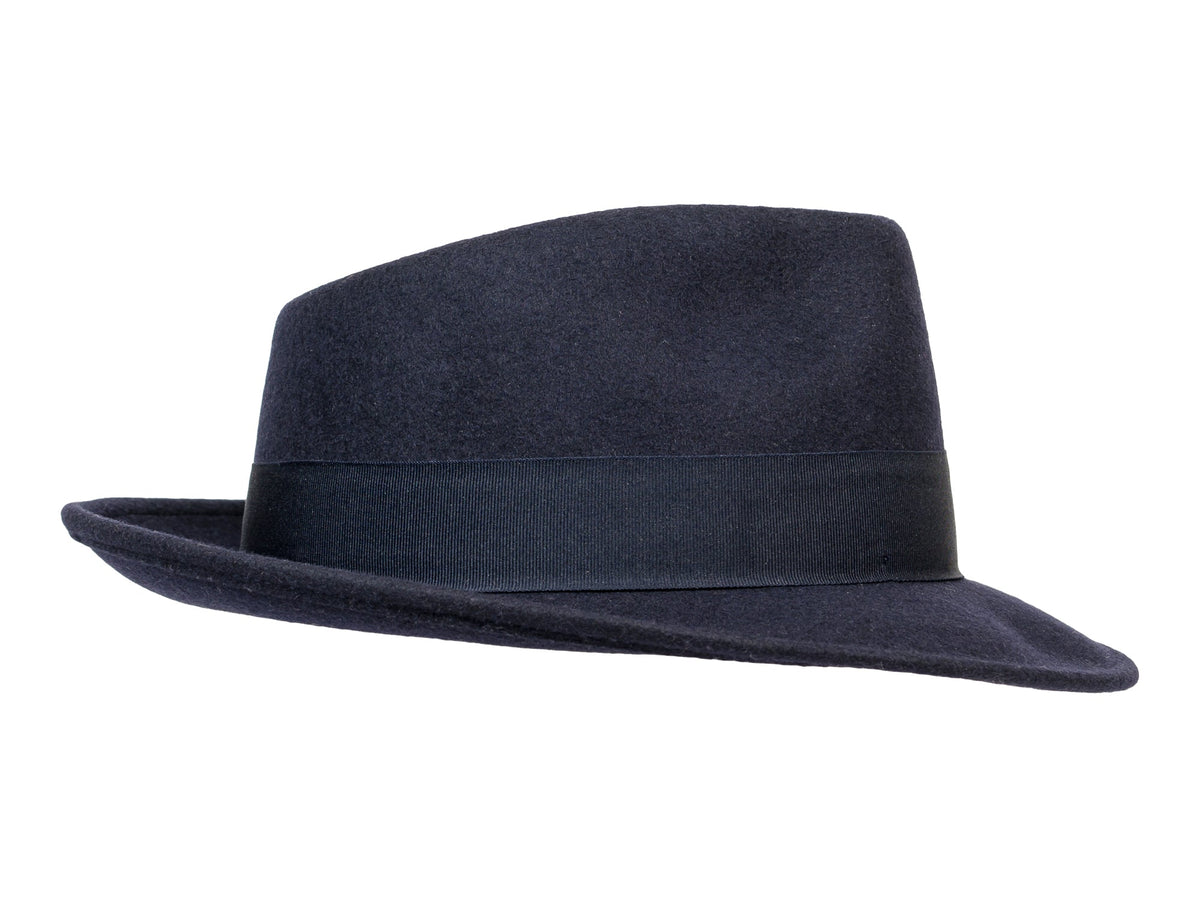 Navy wool felt fedora with structured crown and medium brim, view 4