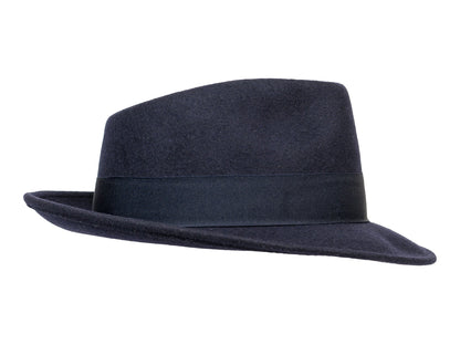Navy wool felt fedora with structured crown and medium brim, view 4