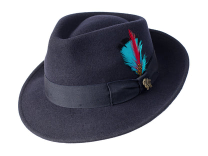 Navy wool felt fedora with structured crown and medium brim, view 1