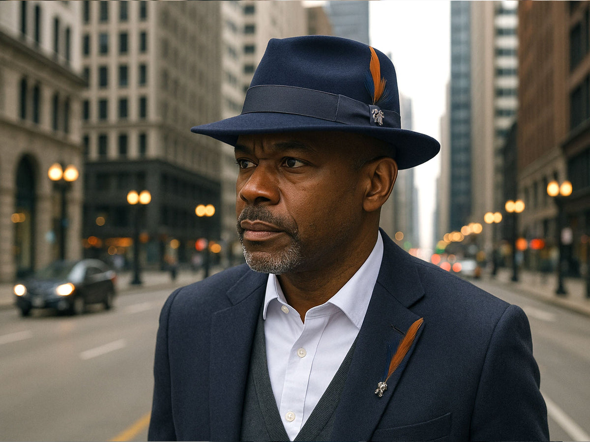 Navy wool felt fedora worn with a navy suit on a city street