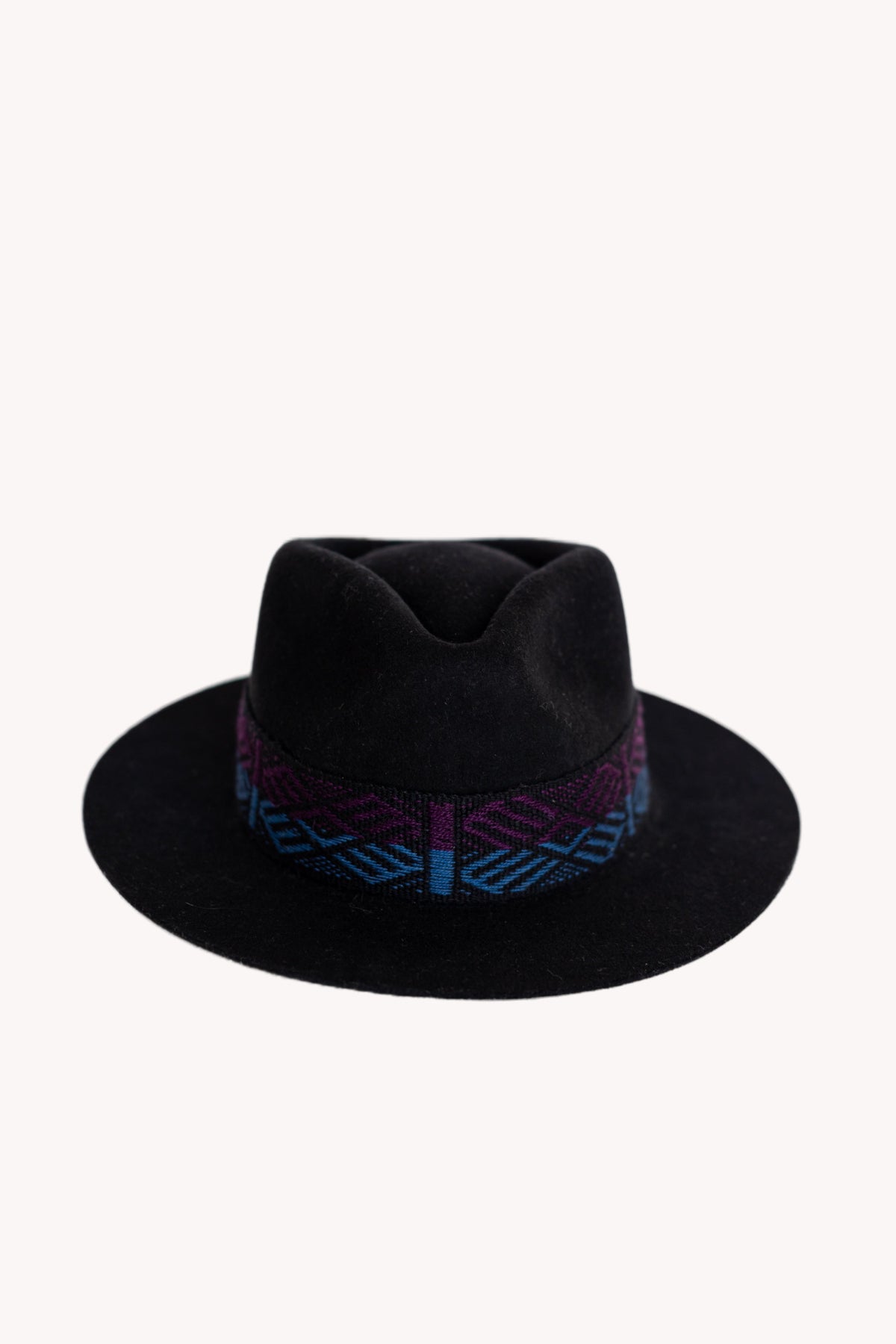 Black alpaca wool felt fedora with a short brim and woven band