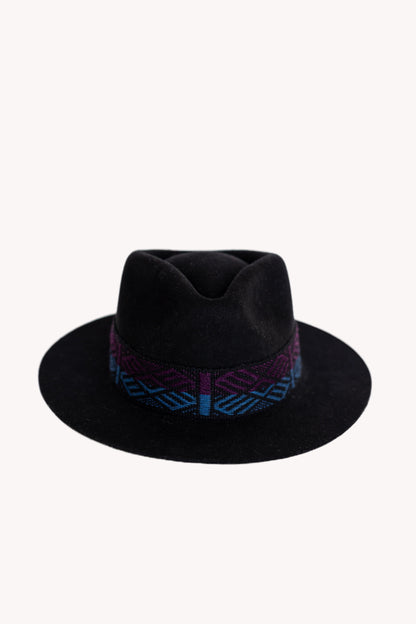 Black alpaca wool felt fedora with a short brim and woven band