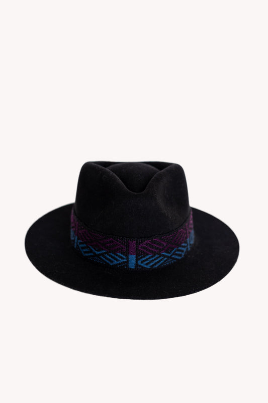 Black alpaca wool felt fedora with a short brim and woven band