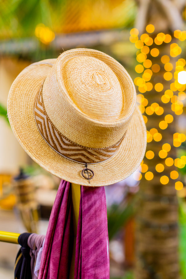 Natural palm leaf straw bucket hat with a woven band, view 2