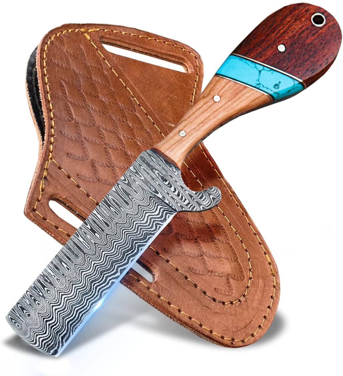 Turquoise Damascus Bull Cutter, Full Tang by Texan Knives, view 2
