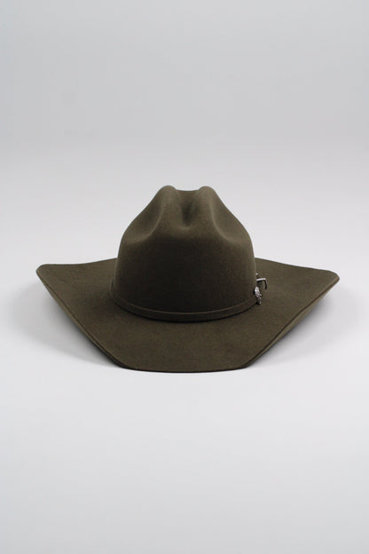 Dark olive merino wool cattleman cowboy hat with a curved brim, view 3