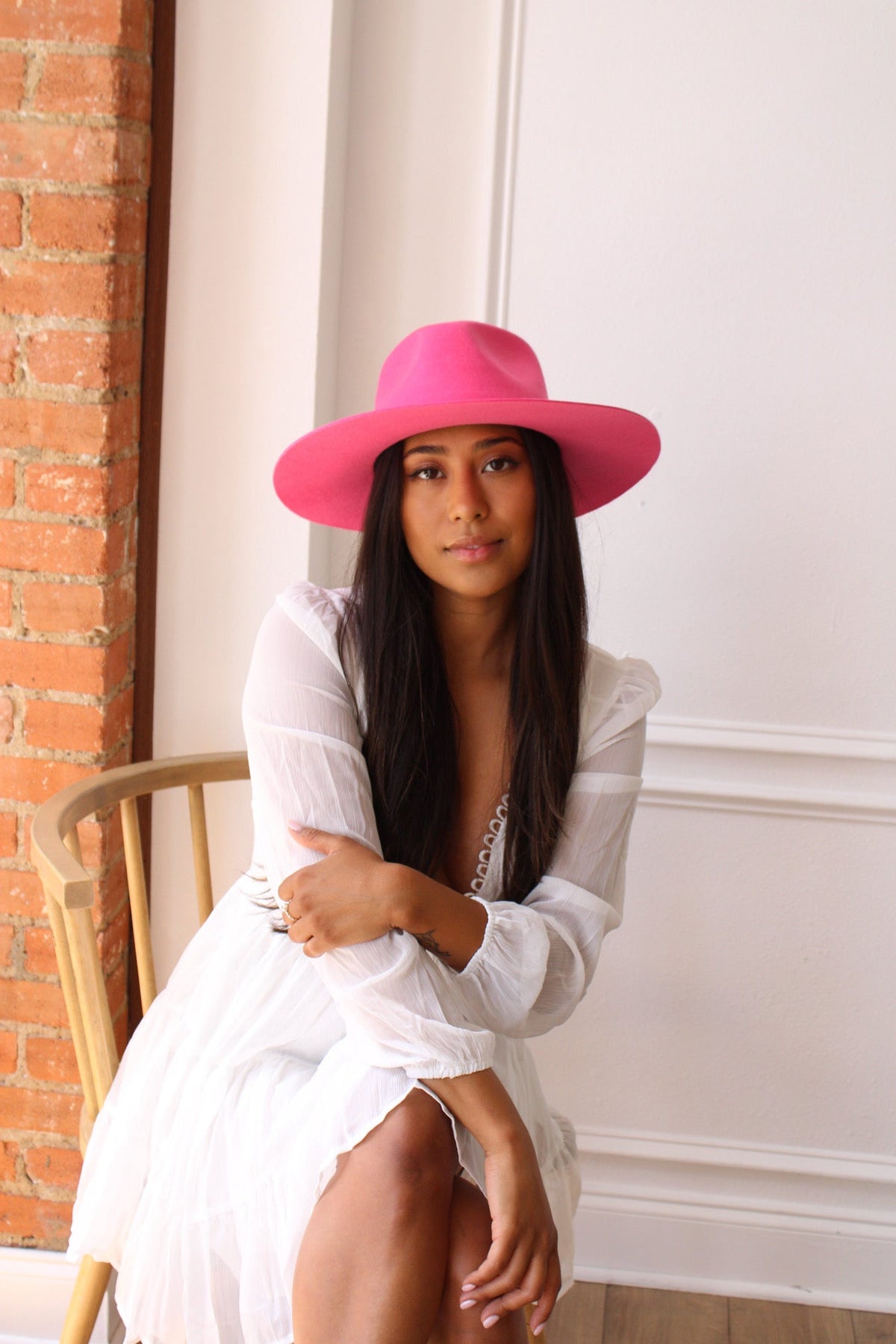 Pink merino wool felt rancher hat with a lifted brim, view 2