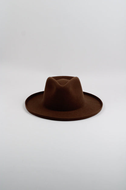 Caramel wool felt hat with a teardrop crown and pencil-rolled brim