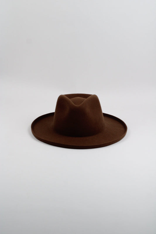 Caramel wool felt hat with a teardrop crown and pencil-rolled brim