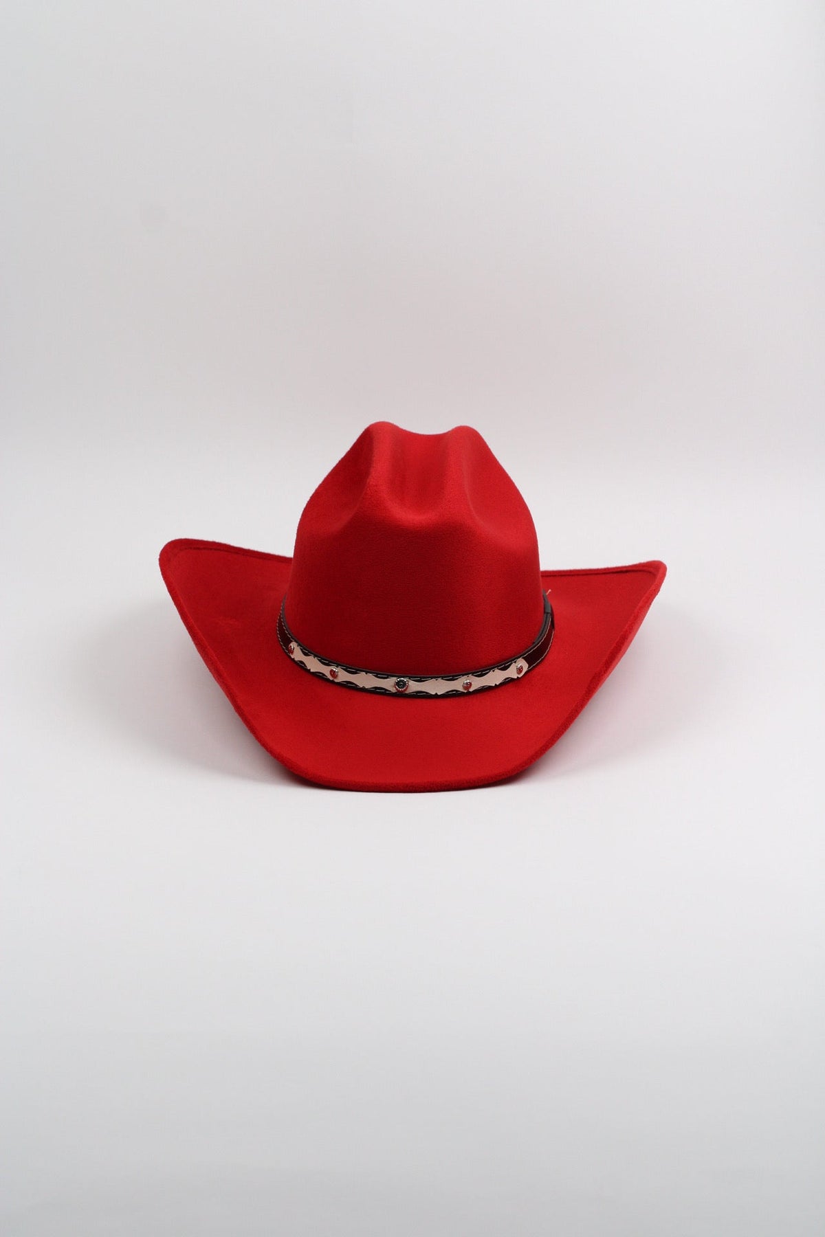 Lipstick red vegan suede cowboy hat with a lifted brim and faux leather band, view 2