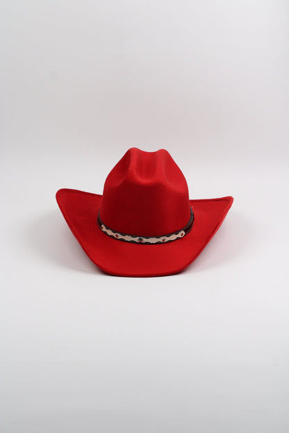 Lipstick red vegan suede cowboy hat with a lifted brim and faux leather band, view 2