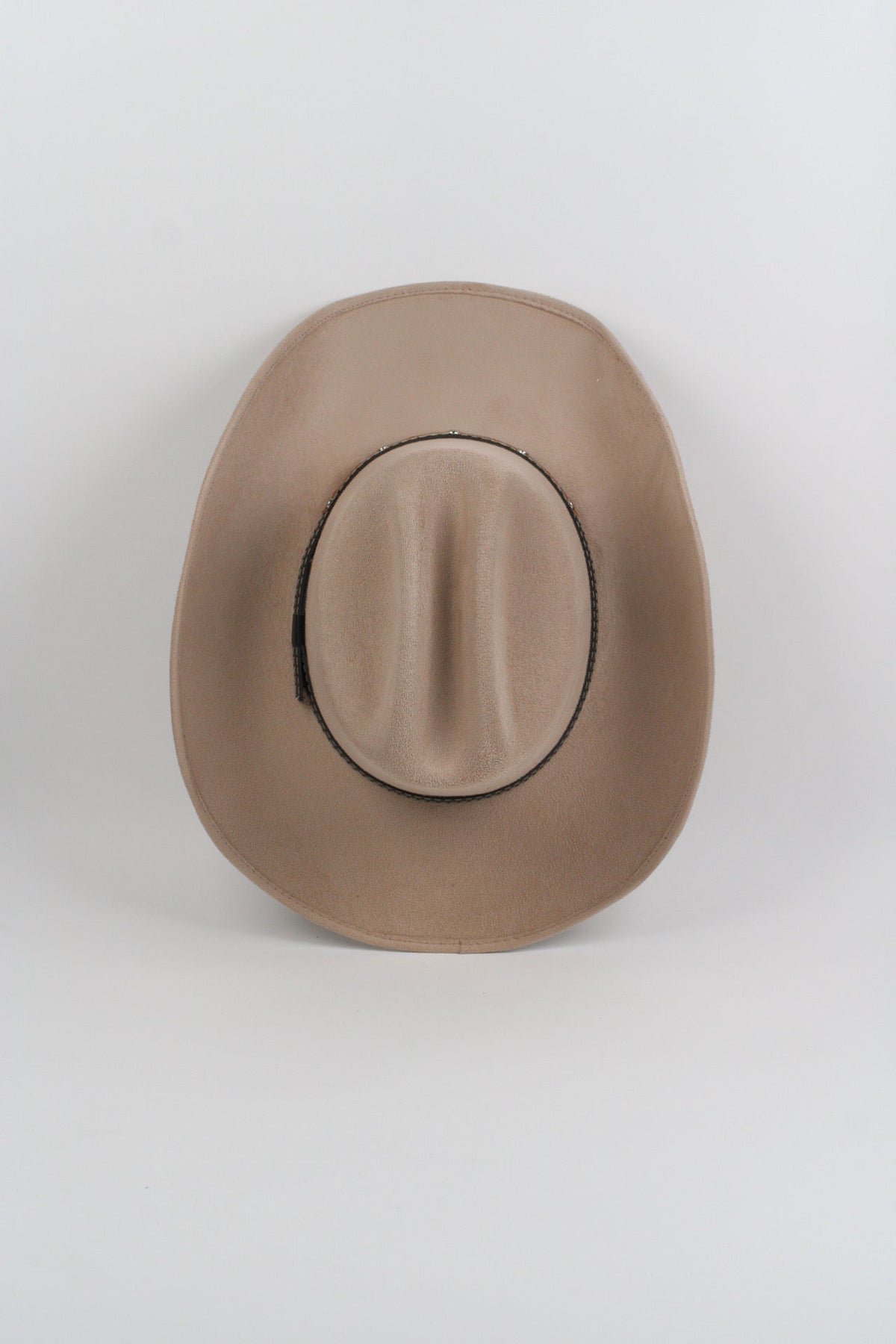 Sand vegan suede cowboy hat with a lifted brim and faux leather band, view 4