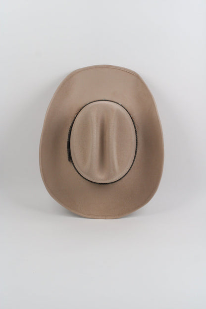 Sand vegan suede cowboy hat with a lifted brim and faux leather band, view 4