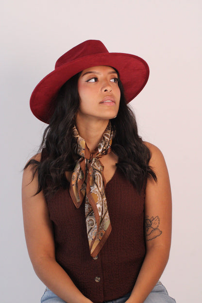 Burgundy vegan suede rancher hat with a flat 3-inch brim, view 2