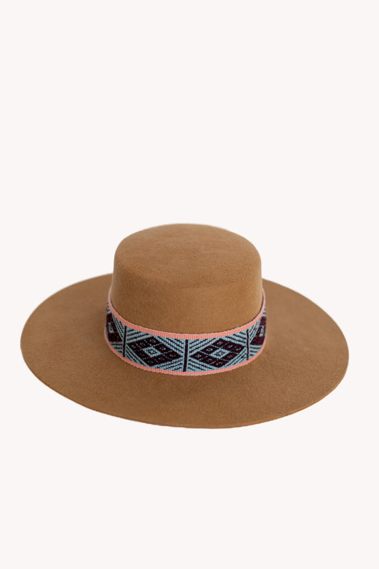 Camel tan alpaca wool felt Spanish style hat with a woven band