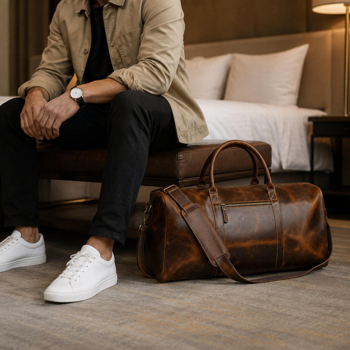 Caramel buffalo leather duffle bag with brass buckles and shoulder strap, view 3