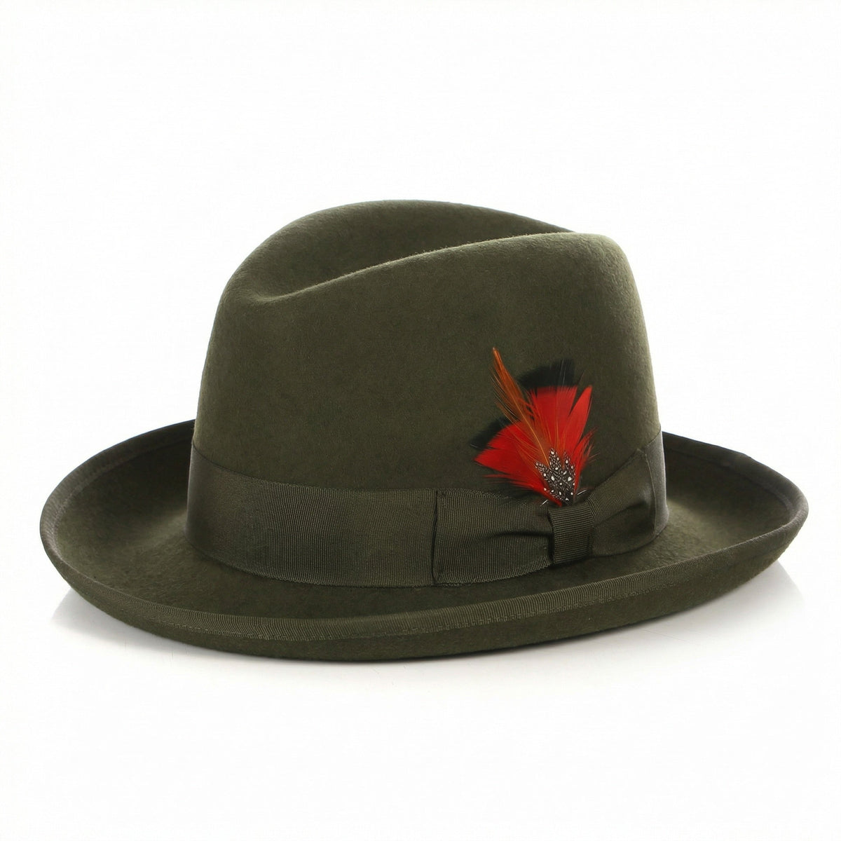 Olive Godfather fedora, side view of the crown and brim