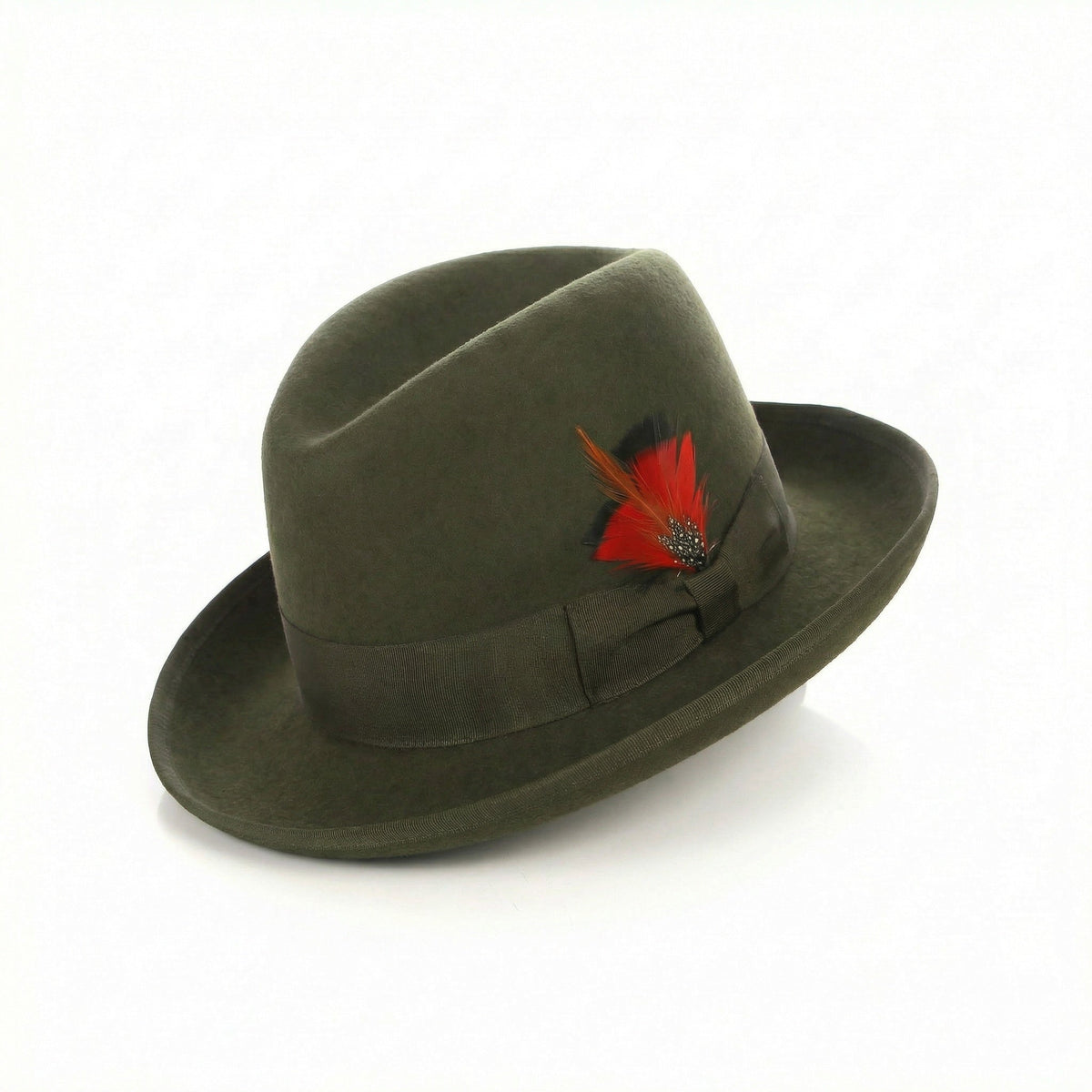 Ferrecci Godfather fedora in olive wool felt with grosgrain band and feather
