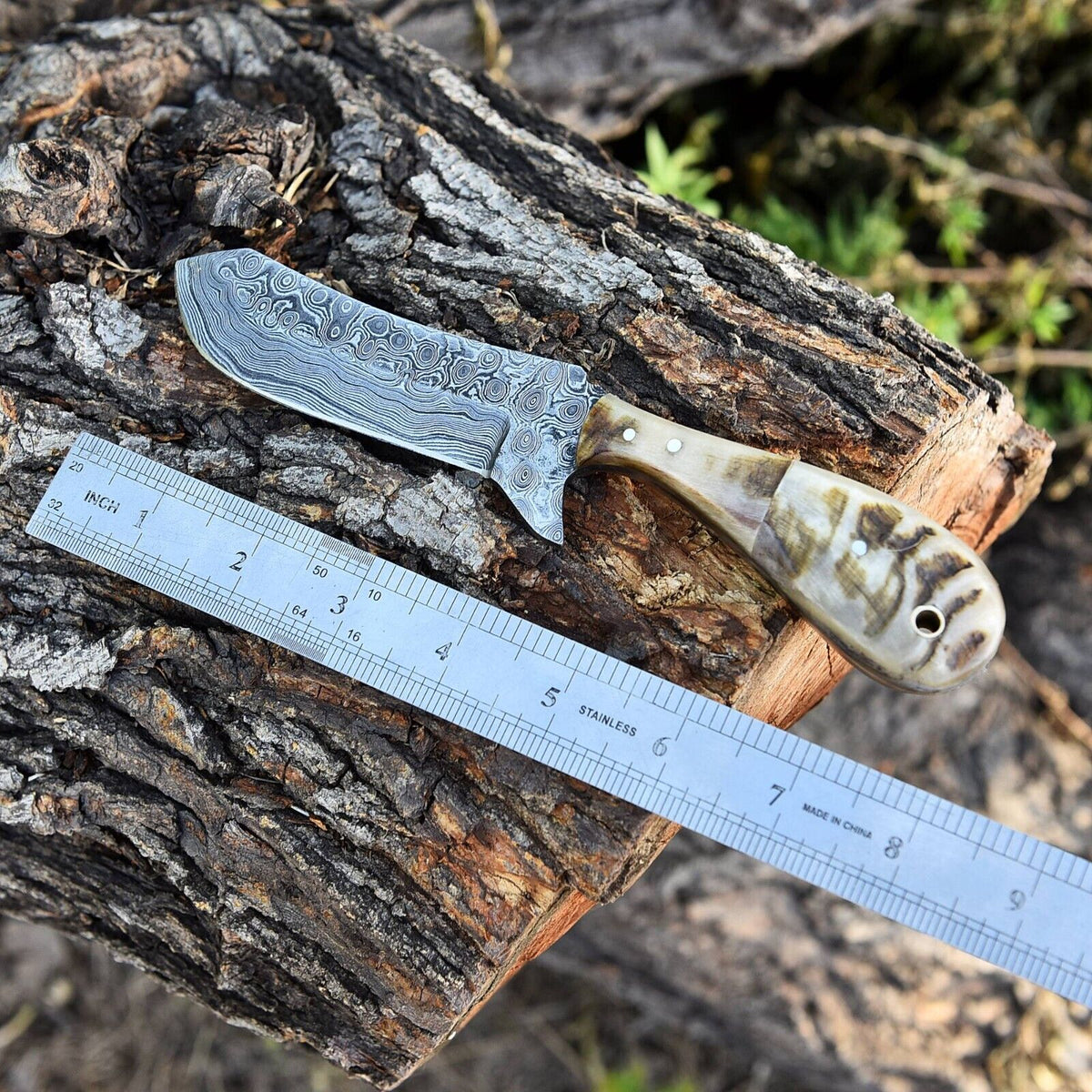 The 4-Inch Sheep Horn Damascus Belt Knife | Texan Knives