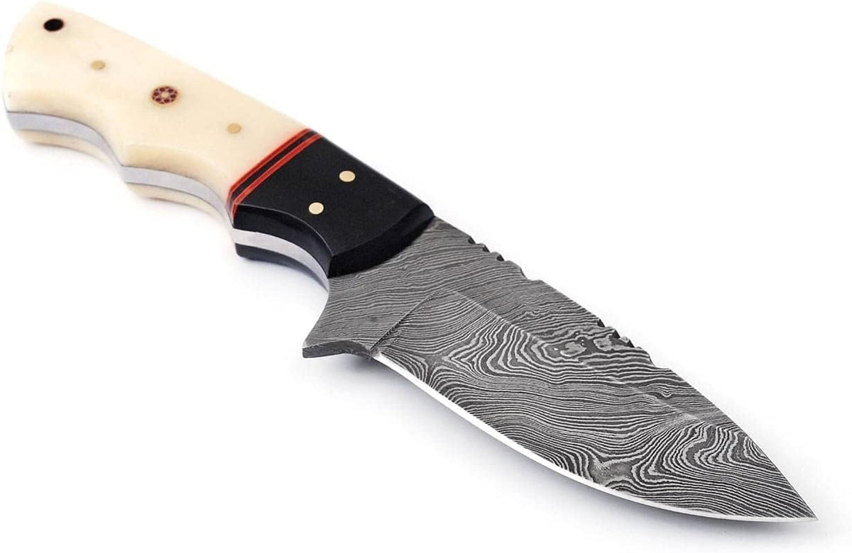 Damascus skinning knife with buffalo horn and camel bone handle