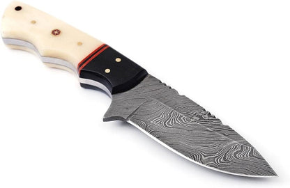 Damascus skinning knife with buffalo horn and camel bone handle