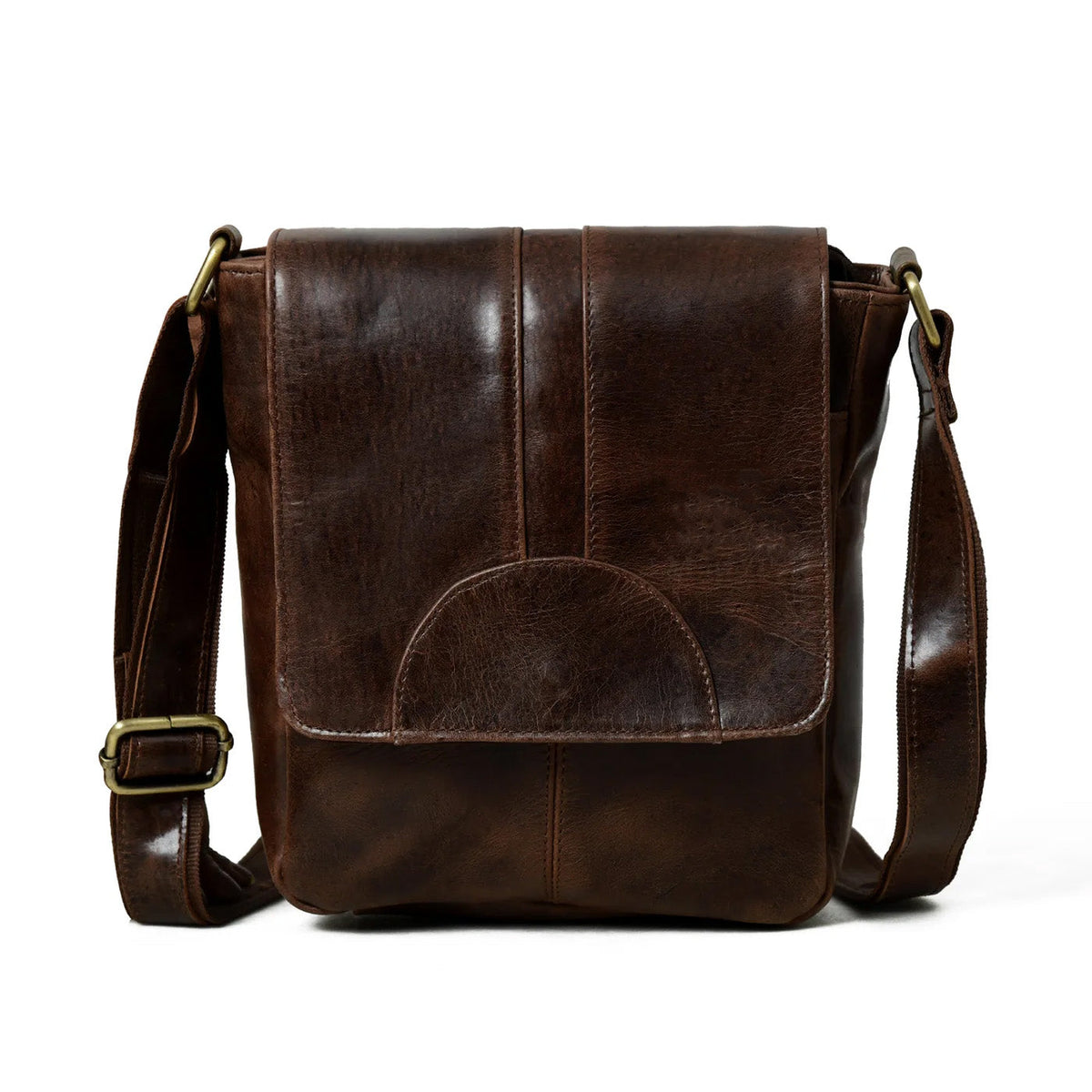 Dark brown buffalo leather messenger bag with large front flap