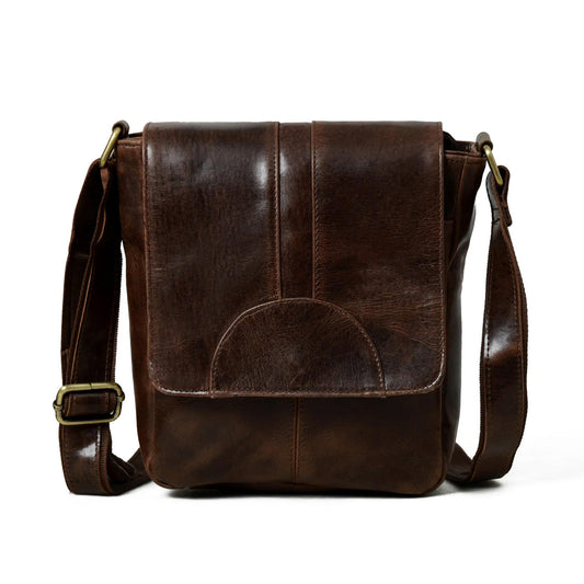 Dark brown buffalo leather messenger bag with large front flap