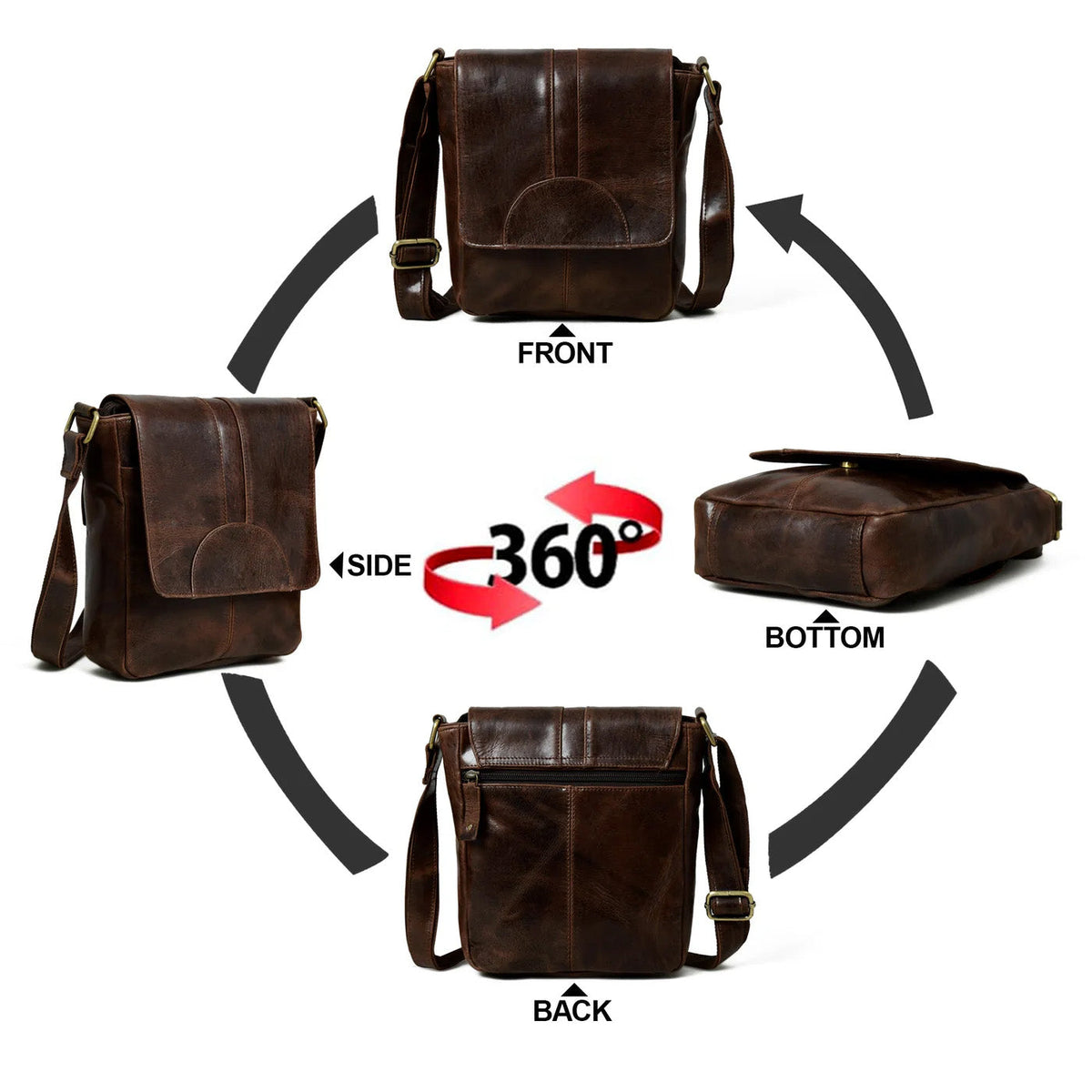 Dark brown buffalo leather messenger bag with large front flap, view 4