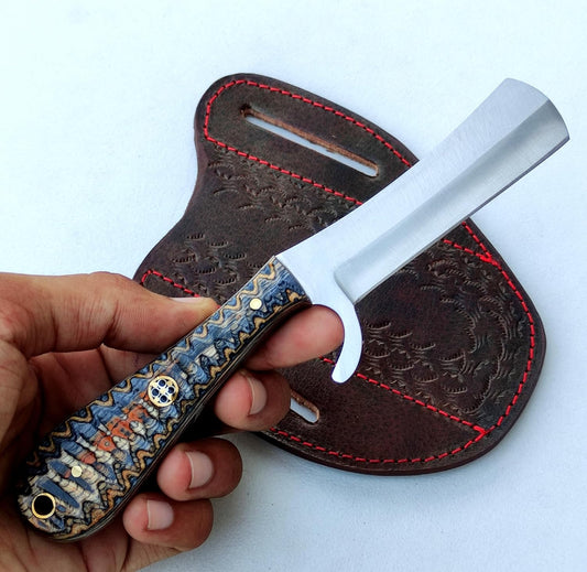 J2 steel bull cutter knife with pakkawood handle and leather sheath