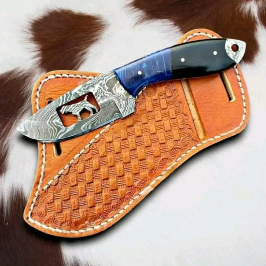 Damascus bull cutter knife with a resin handle
