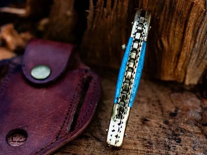 Fish Style Damascus Folding Knife, Resin and Brass by Texan Knives, view 3