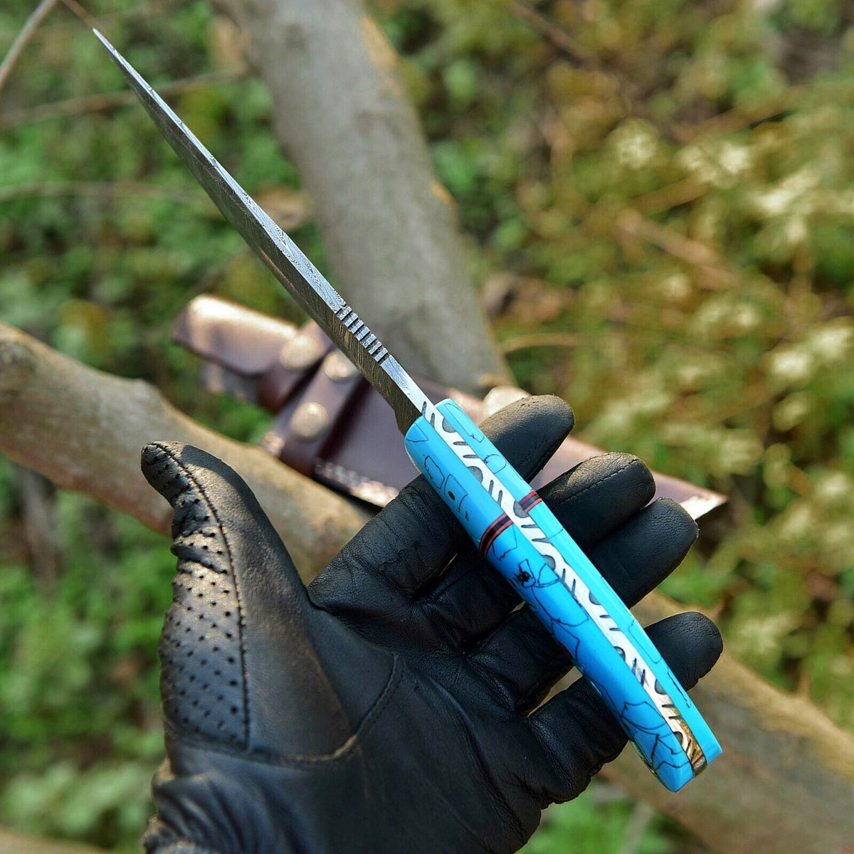 Custom Handmade Damascus Steel Hunting Knife – 10-Inch Blade with Resin Handle, Includes Leather Sheath