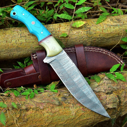 Custom Handmade Damascus Steel Hunting Knife – 10-Inch Blade with Resin Handle, Includes Leather Sheath