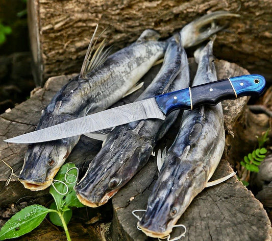 Damascus steel boning knife with pakkawood handle and leather sheath