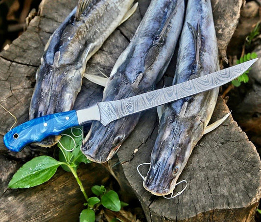 Flexible Damascus fillet knife with colorful resin handle and leather sheath